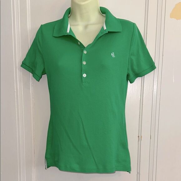 Lauren Ralph Lauren Green Fitted Button Down Short Sleeve Cotton Polo Shirt - Picture 1 of 8